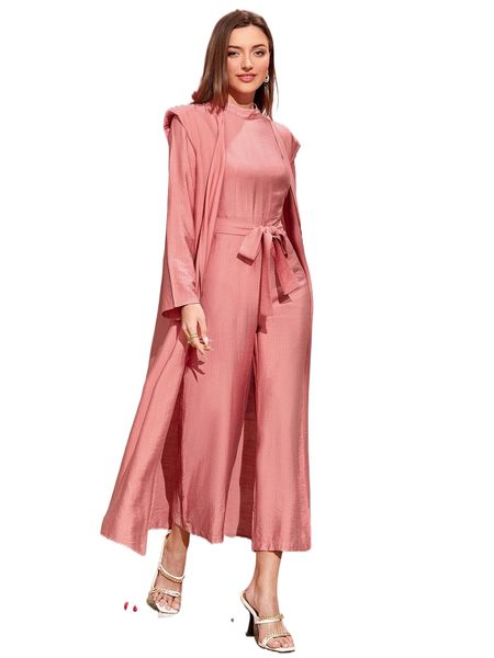 

mock neck belted jumpsuit & shoulder pad open front coat b59n#, White