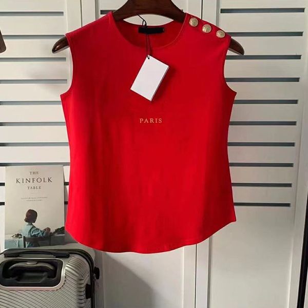 

famous womens designer t shirts summer letter print sleeveless tees women clothing metal button short sleeve, White