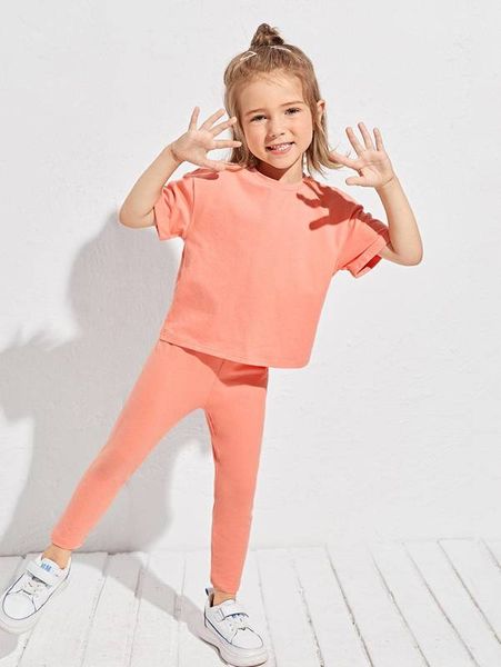 

b toddler girls solid roll up sleeve tee & leggings set she01, White