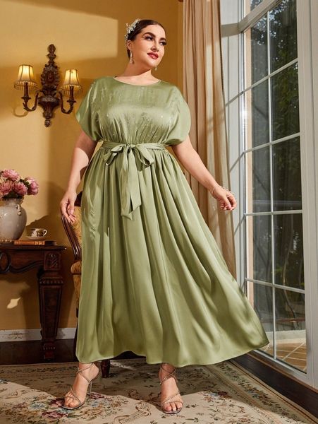 

plus rhinestone plant pattern batwing sleeve belted dress i0mi#, Black