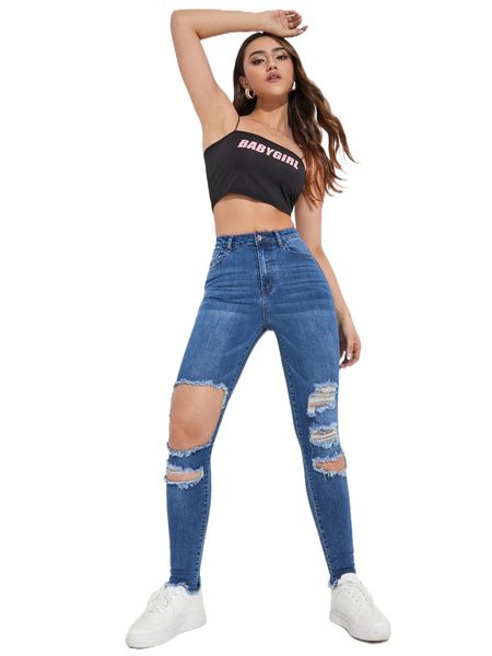 

ripped raw hem skinny jeans 33kn#, Blue