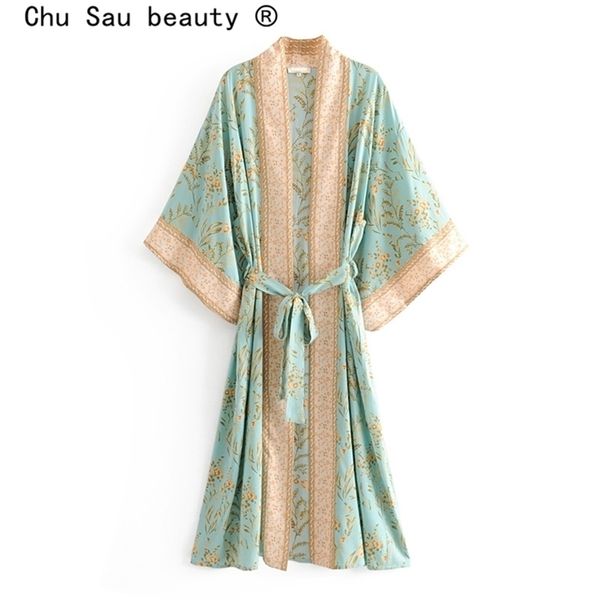 VENDA VINTAGE VINTAGE BOHO Floral Print Long Kimono Cardigan Summer Tops Belted Beachwear Vestido Blusas Mujer 210401