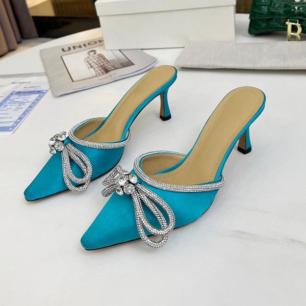 

2022ssandals womens dress shoes designers 6.5cm heeled slippers genuine leather fashion bow crystal embellishments rhinestone 35-42bags, Black