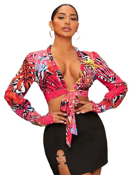 

sxy tropical print tie front crop k2fm#, White
