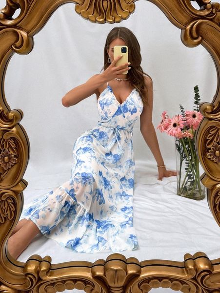 

random floral print ruffle hem belted chiffon cami dress v6mm#, Black;gray