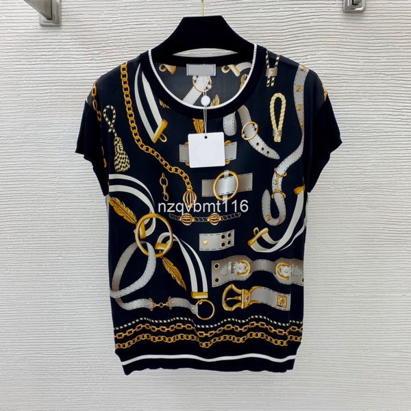 

women's t-shirt chain belt pendant pattern printed elastic satin silk fabric stitched knit short sleeve top, White