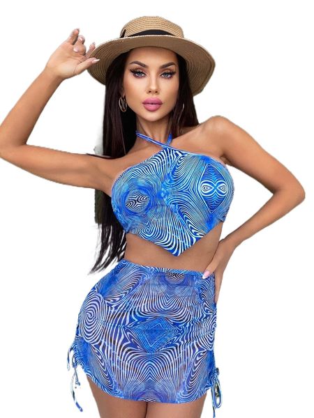 

allover print halter bikini swimsuit with beach skirt d6db#, White;black