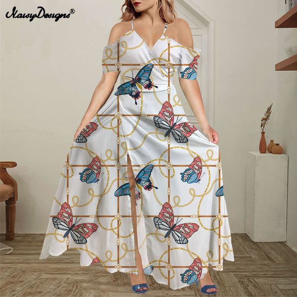 Noisydesigns Borboleta Floral Mulheres Plus Size Frio Ombro Floral Maxi Boho Split Vestido Ruffles Vestidos Luxo Robe Dropship 220627