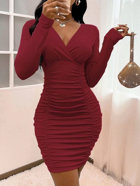 

sxy plunging neck ruched bodycon dress q7ri#, Black;gray
