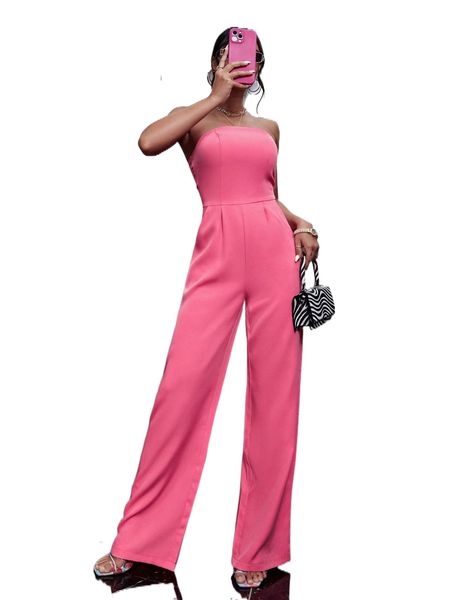 

solid backless slant pockets tube jumpsuit 1395#, Black;white