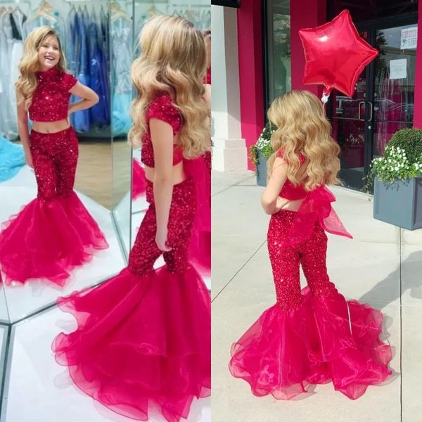 2022 Due pezzi Ragazza Pageant Dress Paillettes Pantaloni Organza Bell Little Kids Birthday Cap Maniche Collo alto Abiti da festa formale Infant Toddler Teens Preteen B071201