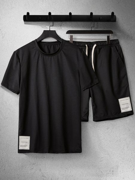 

men patch detail tee & drawstring waist shorts 49rf#, Gray