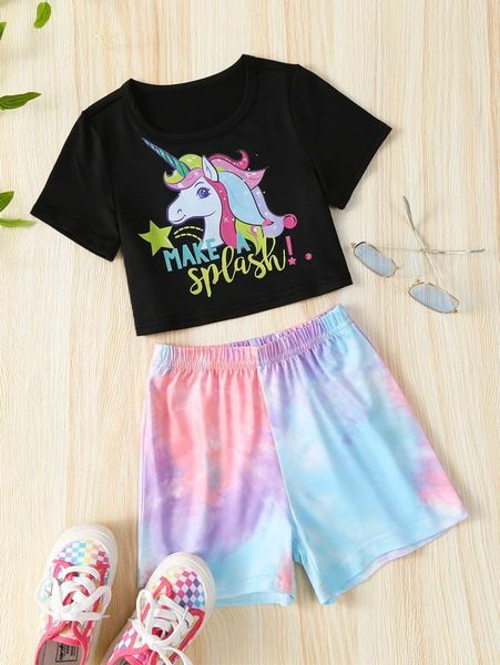 

toddler girls unicorn & slogan graphic tee & tie dye shorts she, White