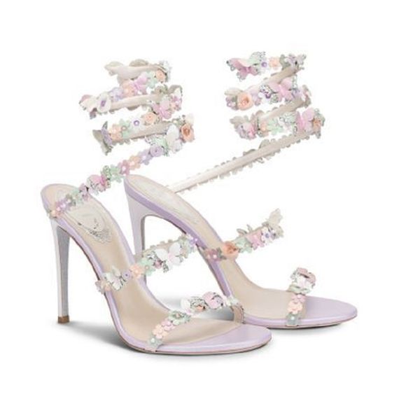 

luxury brand summer rene cleo satin sandals shoes flowers bouquet strappy party dress caovillas gladiator sandalias highest quality material, Black