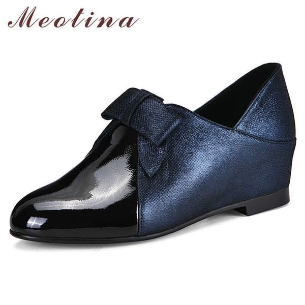 

meotina high heels women shoes natural genuine leather bow height increasing heels shoes real leather zipper pumps lady size 41 210608, Black