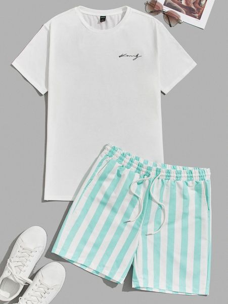 

men letter graphic tee & striped pattern shorts set 94th#, Gray