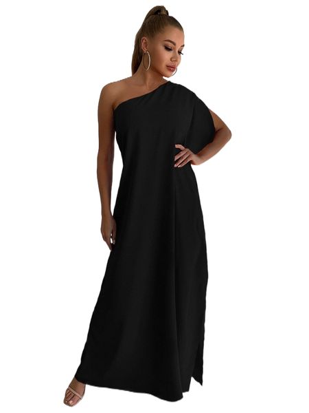 

joyfunear one shoulder split sleeve maxi dress t5hh#, Black;gray