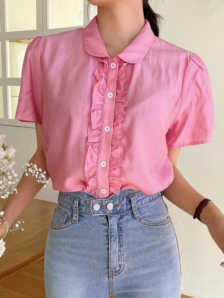 

dazy frill trim puff sleeve shirt f9sp#, White