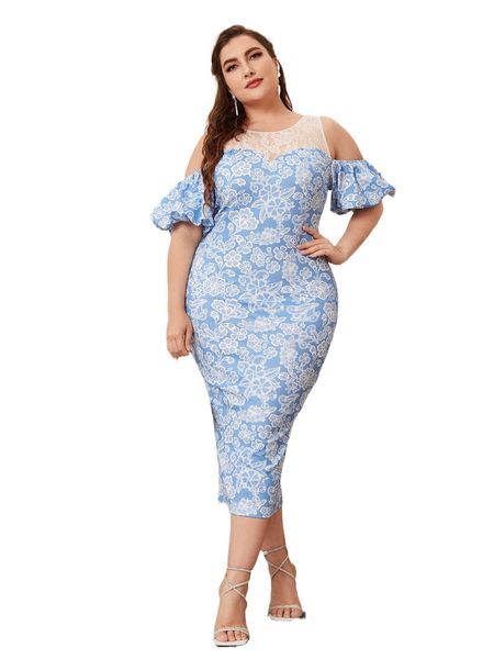 

plus 1pc floral print lace insert cold shoulder split back dress v6tr#, Black