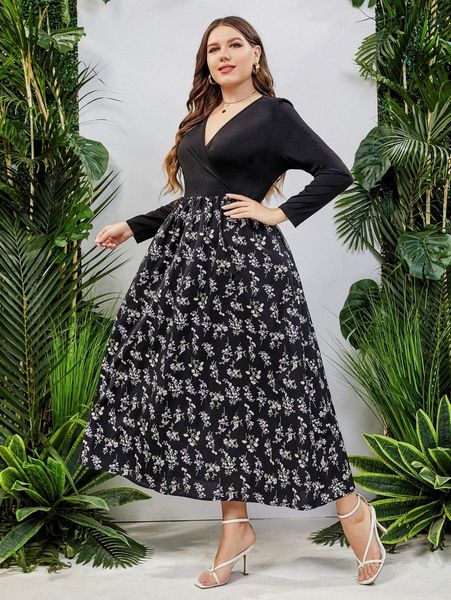 

plus floral print surplice neck dress t8fn#, Black