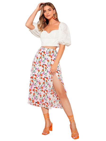 

high waist floral print split thigh skirt 63co#, Black