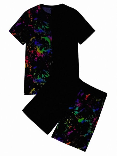 

men reflective splash ink print tee & drawstring waist shorts b6ej#, Gray