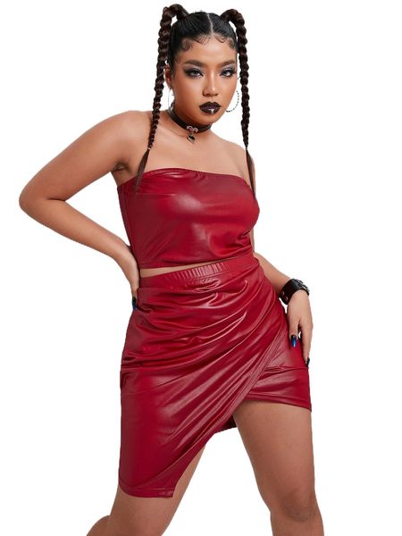 

plus solid pu tube & tulip hem skirt 43od#, Black