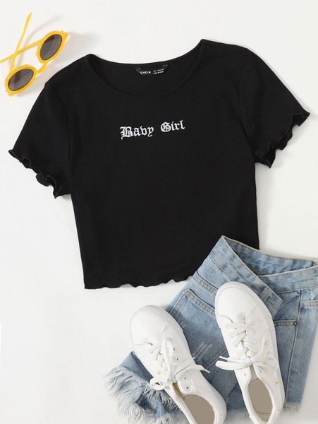 

letter embroidery lettuce trim tee 55iz#, White