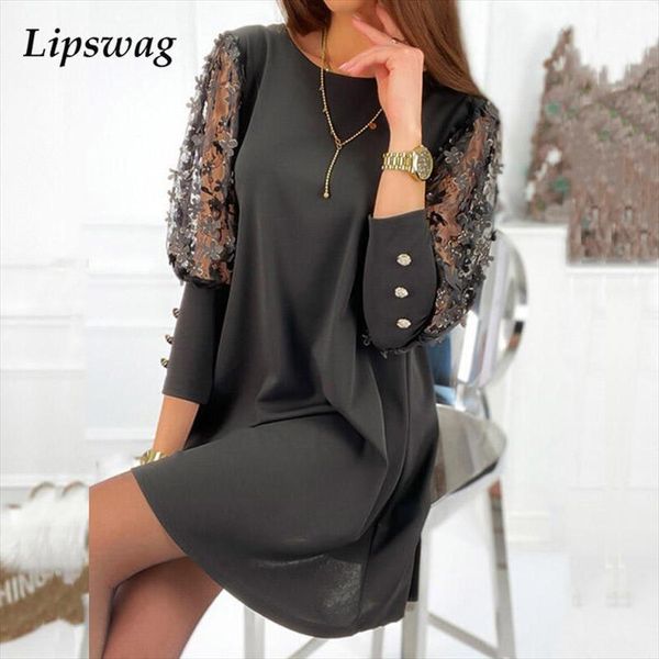 

spring women pullover dress vestidos sheer lace embroidery flower party elegant o neck long sleeve mini dresses, Black;gray