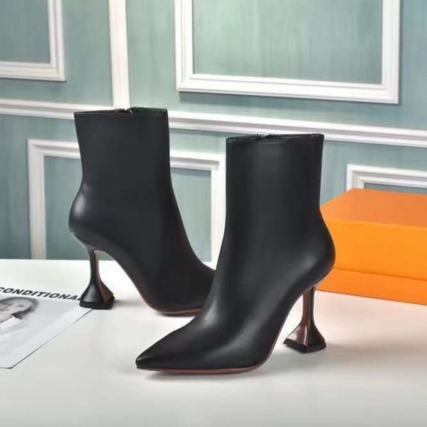 

winter designe boot pointed-toe leather sock boots horseshoe heel boots women amina muaddi designers luxury martin boots high heels genuine, Black