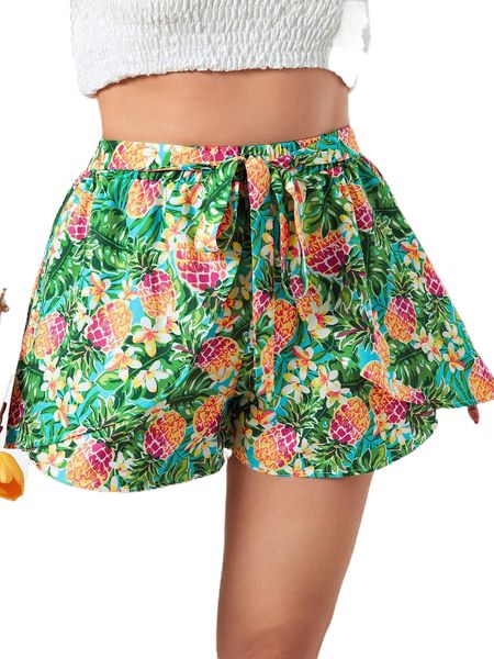 

plus pineapple & tropical print knot front shorts t3m1#, Black