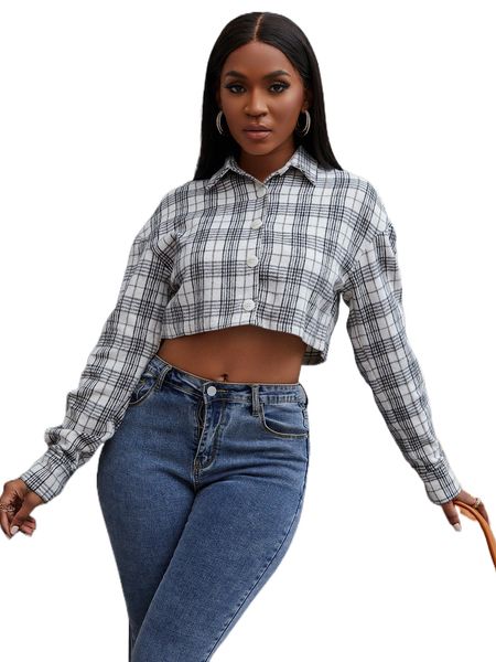 

sxy plaid drop shoulder button front crop overcoat n87c#, Black