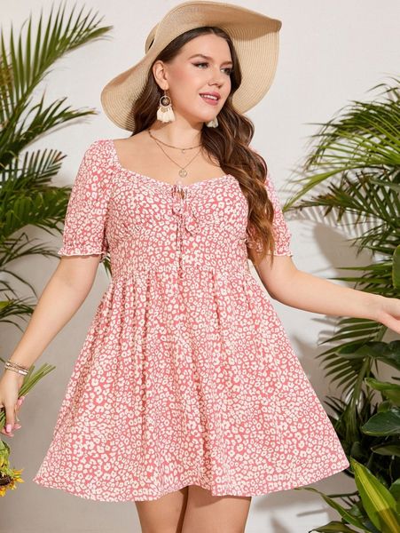 

plus leopard puff sleeve knot front sweetheart neck dress n32l#, Black