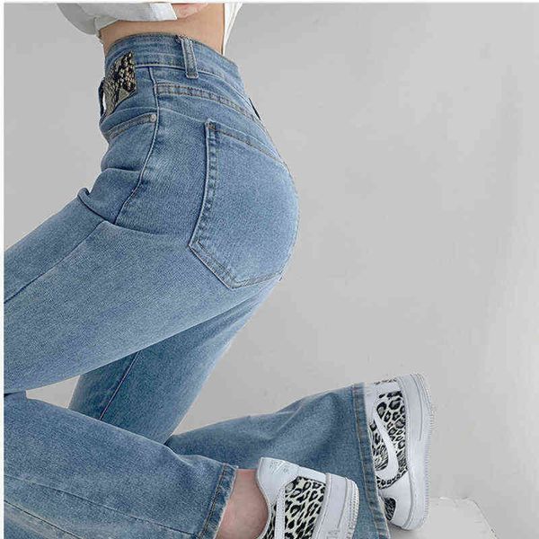 

tvvovvin fashion splicing snake pattern leather washed jeans women autumn high waist casual denim flare pants ujec 221225, Blue