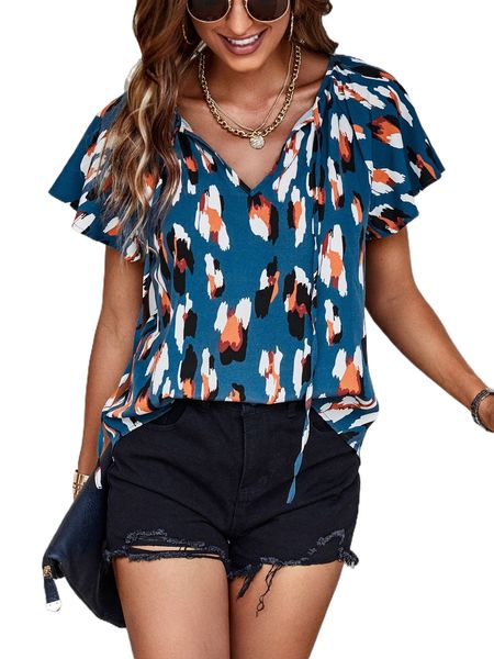 

allover print tie neck raglan sleeve blouse s8oa#, White