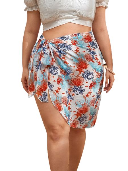 

plus all over print tie side skirt 61wp#, Black