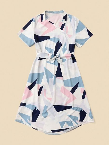 

plus 1pc geo print button detail belted dress 06q3#, Black