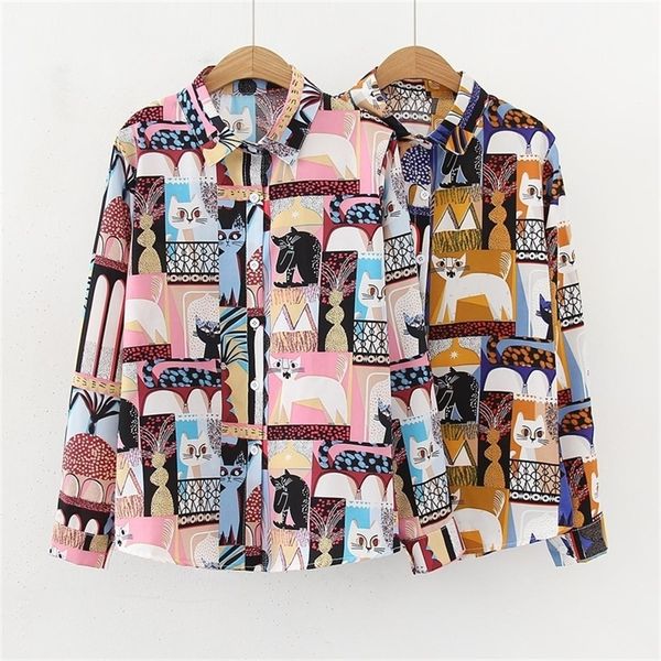 Kadın bluzları üstleri kedi baskı gömlekleri bluz bahar sonbahar uzun kollu bluzlar kadın blusas mujer 210308