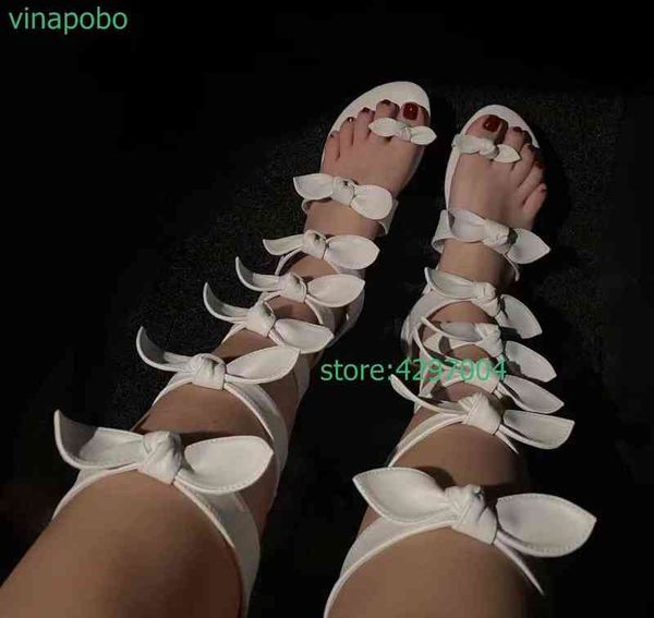 

cut out bow-knot genuine leather summer tall tube boots shoes women back zip sandalias chick high heels gladiator sandals woman220513, Black