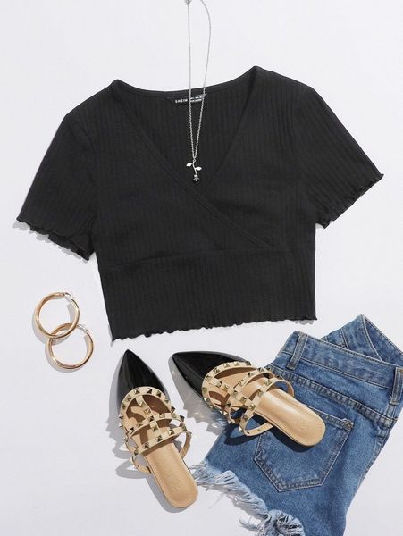 

surplice neck rib-knit solid tee u1wn#, White