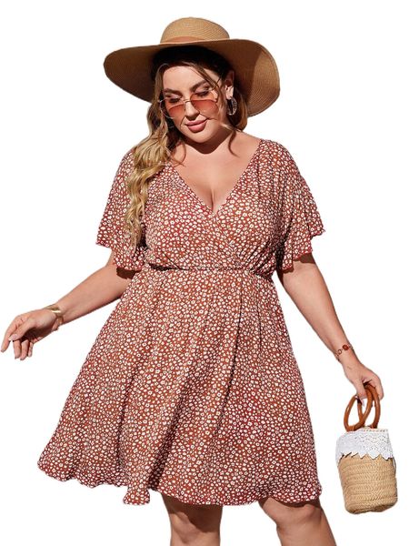 

plus ditsy floral tie backless butterfly sleeve dress q8nn#, Black