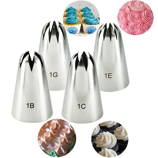 4pcs grandes bocais de tubulação de confeiteiro para decorar bolo de bolo de cozimento biscoito bico de tubulação de aço inoxidável Dicas de massa de aço#1b#1c#1e#1g 220815