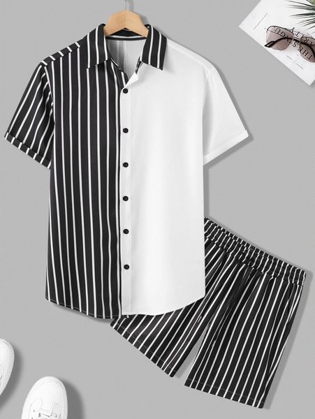 

men random vertical striped shirt & shorts p3qp#, Gray