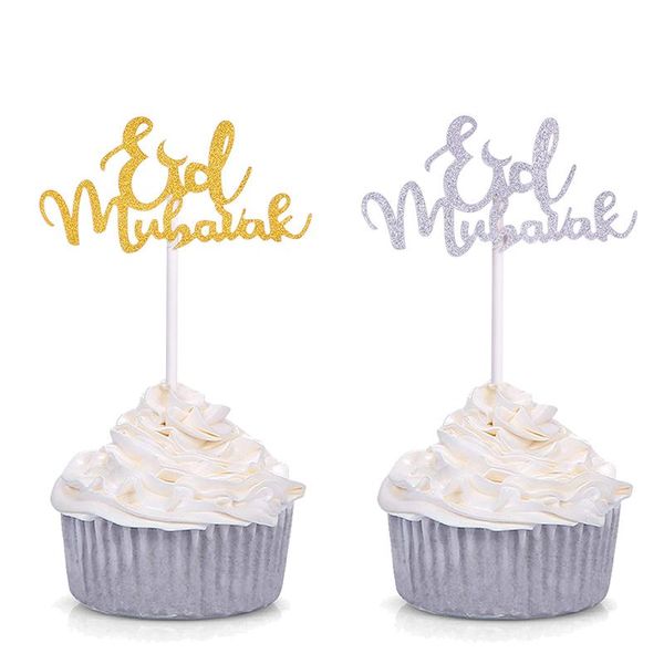 Weitere festliche Partyartikel, Gold-Silber-Glitzer-Eid-Mubarak-Cupcake-Topper, Ramadan-Fest-Wimpelkette, islamische muslimische Dekoration