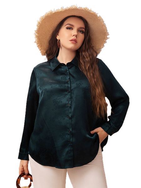 

plus jacquard button front satin blouse 77kg#, Black