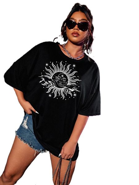 

plus figure graphic drop shoulder tee z6mx#, Black