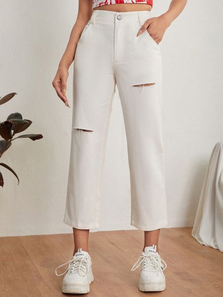 

petite high waist ripped straight leg pants 02dy#, Black;white