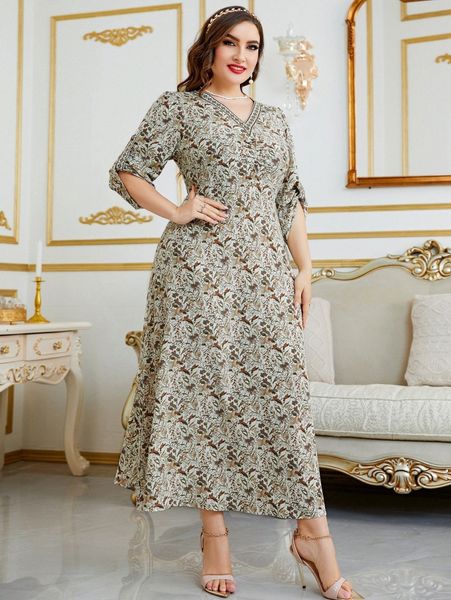 

plus allover floral print roll tab sleeve dress t7hy#, Black
