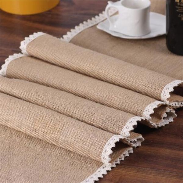 Balle Burlap Lace Table Runner Rustic Jute Shabby Hessian Capa por atacado Festival Festival Party Decoração 220615