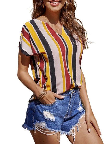 

block striped notched neckline batwing sleeve blouse m8d1#, White